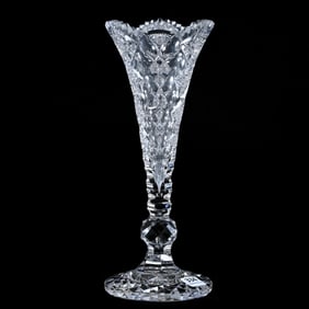 Trumpet Vase, American Brilliant Cut Glass, Signed Hawkes Queens Pattern