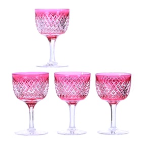 (4) Wine Stems, American Brilliant Cut Glass, Cranberry Cut To Clear, Crosscut Diamond