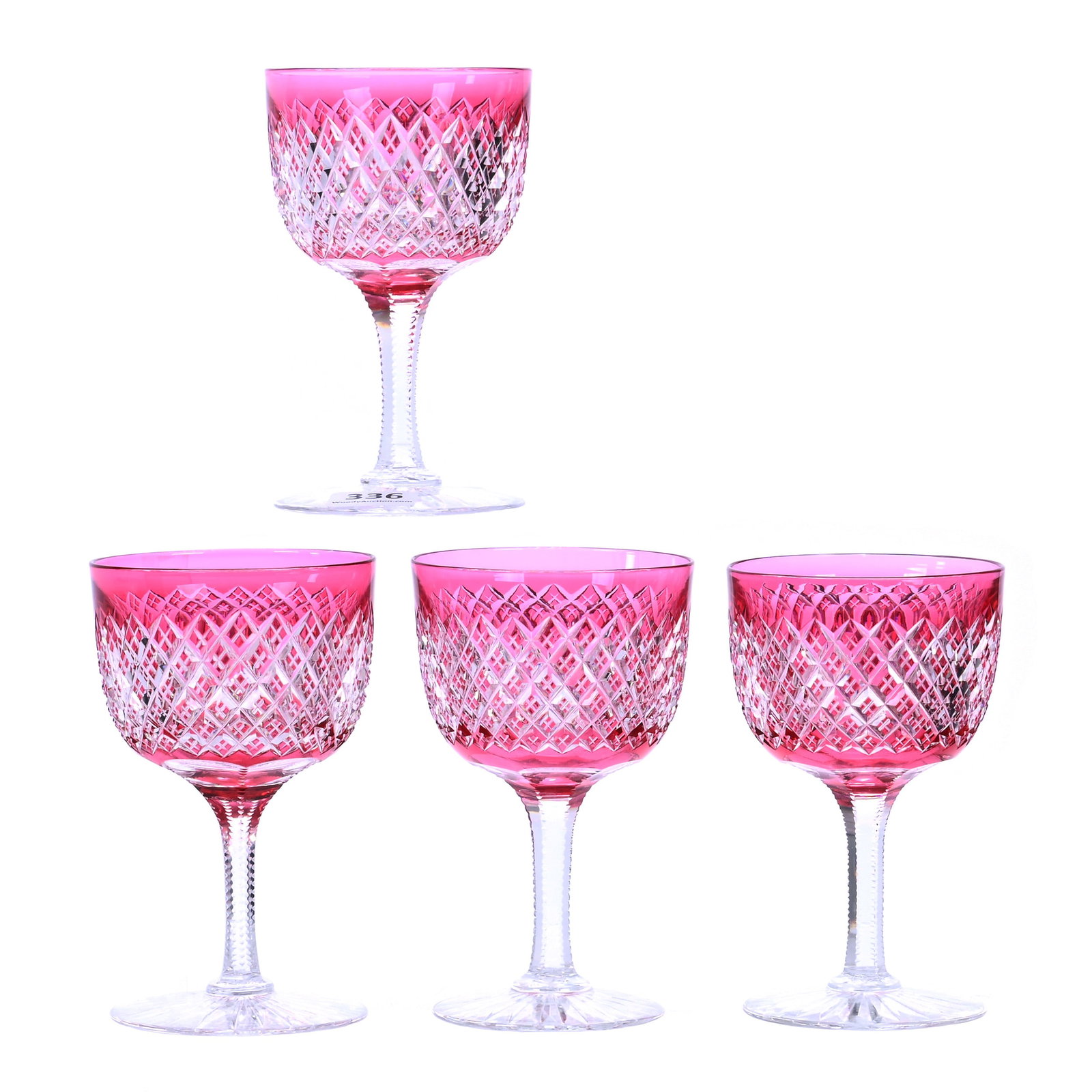 (4) Wine Stems, American Brilliant Cut Glass, Cranberry Cut To Clear, Crosscut Diamond: (4) Wine Stems, American Brilliant Cut Glass, Cranberry Cut To Clear, Crosscut Diamond, 4.5" x 2.75", Solid Notched Stem, Ray Cut Foot, Mike & Sandra Hackney, Georgia.