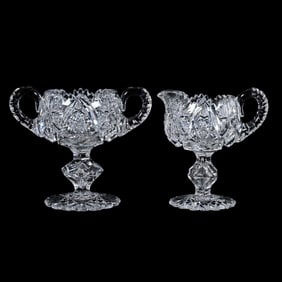 Pedestal Creamer & Sugar Set, American Brilliant Cut Glass, Fredericka Pattern By W.C. Anderson