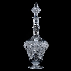 Pedestal Decanter, American Brilliant Cut Glass, Hobstar, Cane, Crosshatch, And Bullseye Motif