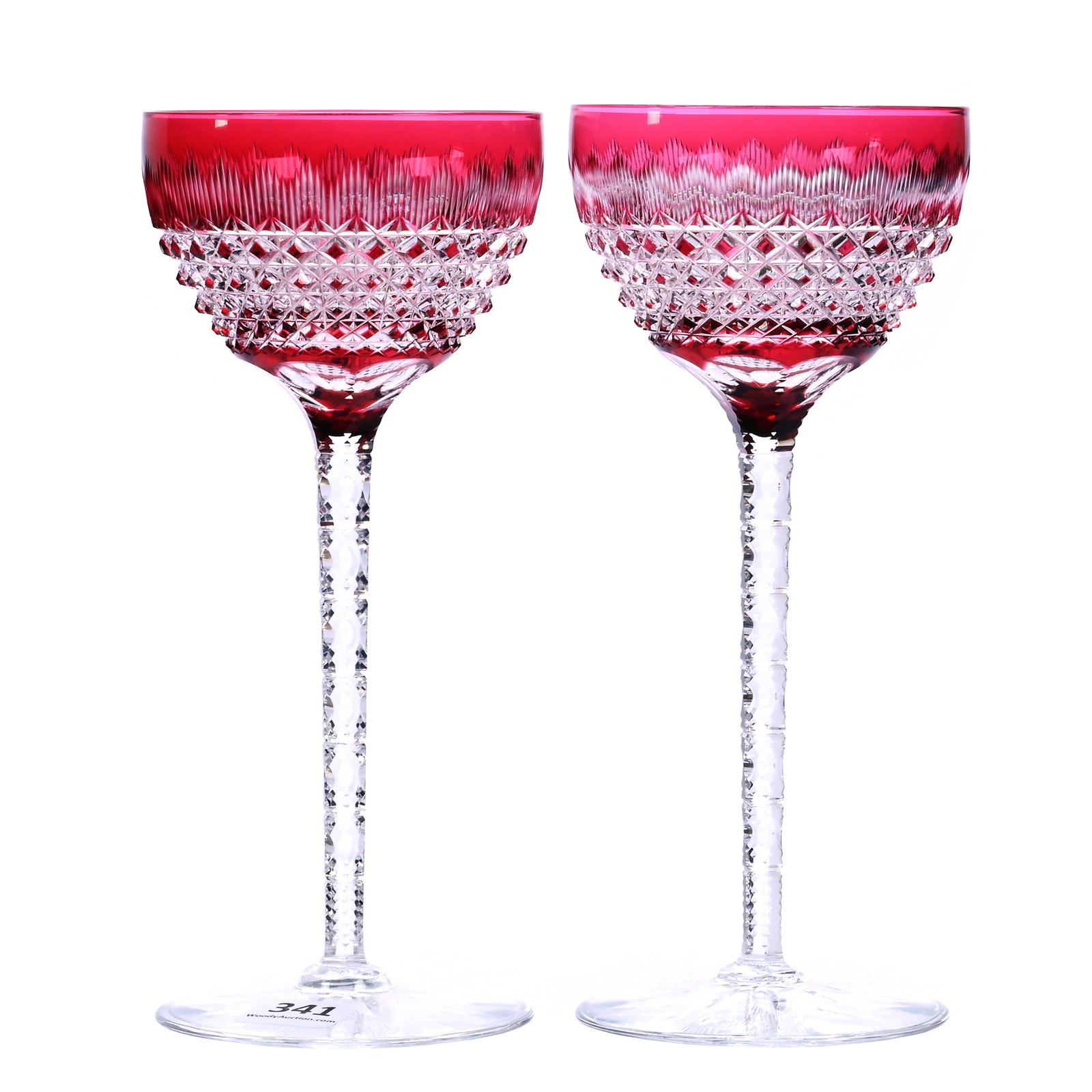 Pair Wine Stems, BPCG, Cranberry Cut To Clear: Pair Wine Stems, BPCG, Cranberry Cut To Clear, 7.5" x 3.25", Isis Pattern By Val-Saint-Lambert, Circa 1925, Sherri Schott Collection, Kansas.