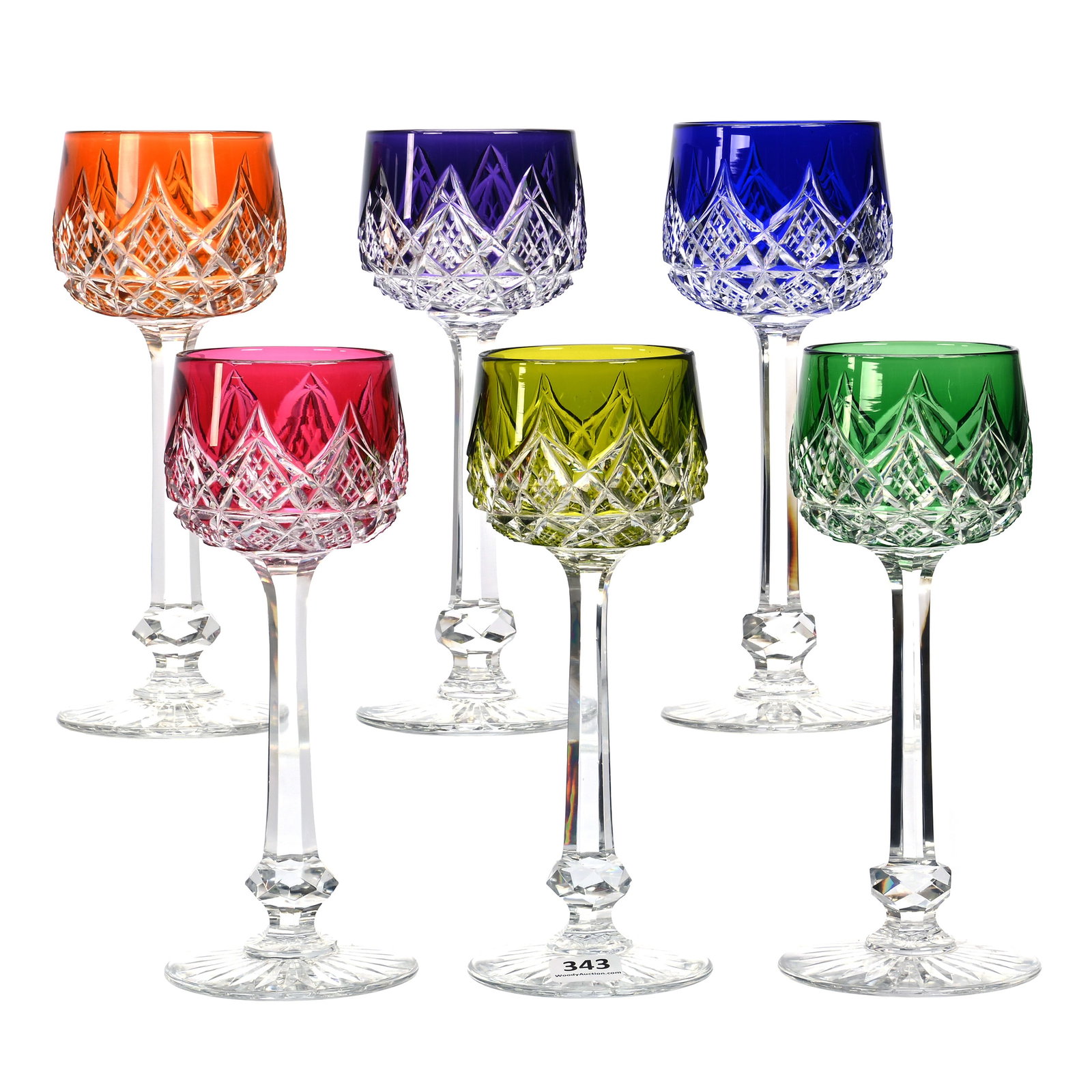 (6) Wine Stems, BPCG, Color Cut To Clear: (6) Wine Stems, BPCG, Color Cut To Clear, 7.75" x 3", (6) Different Colors In Wichita Pattern, Attributed To Baccarat Circa 1925, Colors Include Cobalt, Olive, Amethyst, Green, Apricot, And Cranberry,