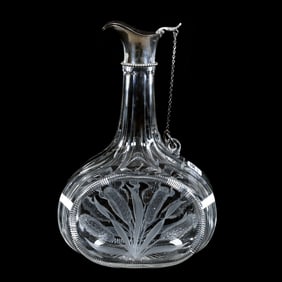 Oval Claret Decanter, American Brilliant Cut Glass, Engraved Wheat/Barley With Flute Panel
