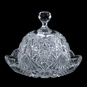 Covered Cheese Dish, American Brilliant Cut Glass, Hobstar, Crosshatch, Star And Fan Motif