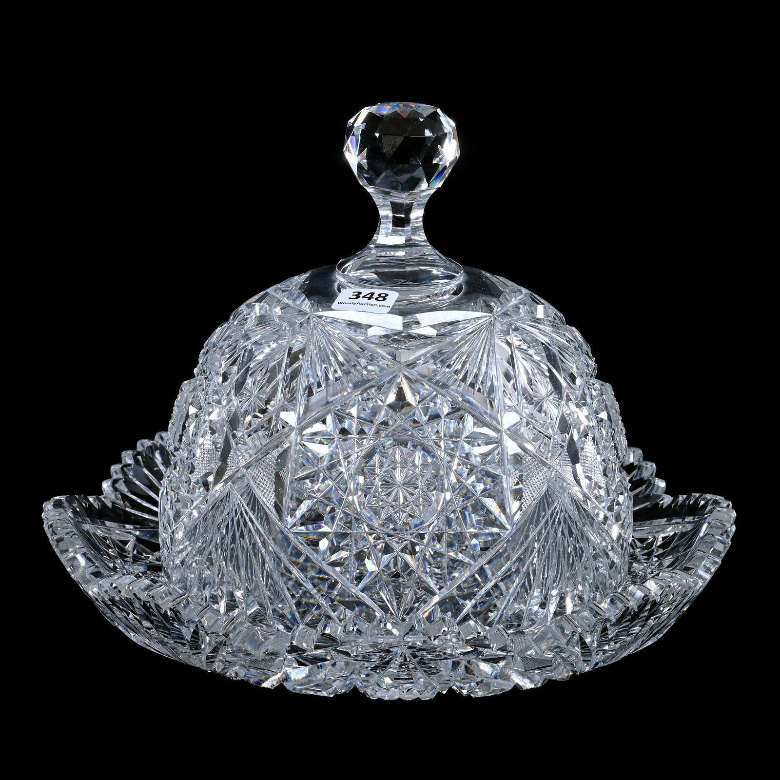 Covered Cheese Dish, American Brilliant Cut Glass, Hobstar, Crosshatch, Star And Fan Motif: Covered Cheese Dish, American Brilliant Cut Glass, Hobstar, Crosshatch, Star And Fan Motif, 8" x 10.25", Faceted Cut Knob Finial, Tooth Chip On Underplate, Mike & Sandra Hackney, Georgia.