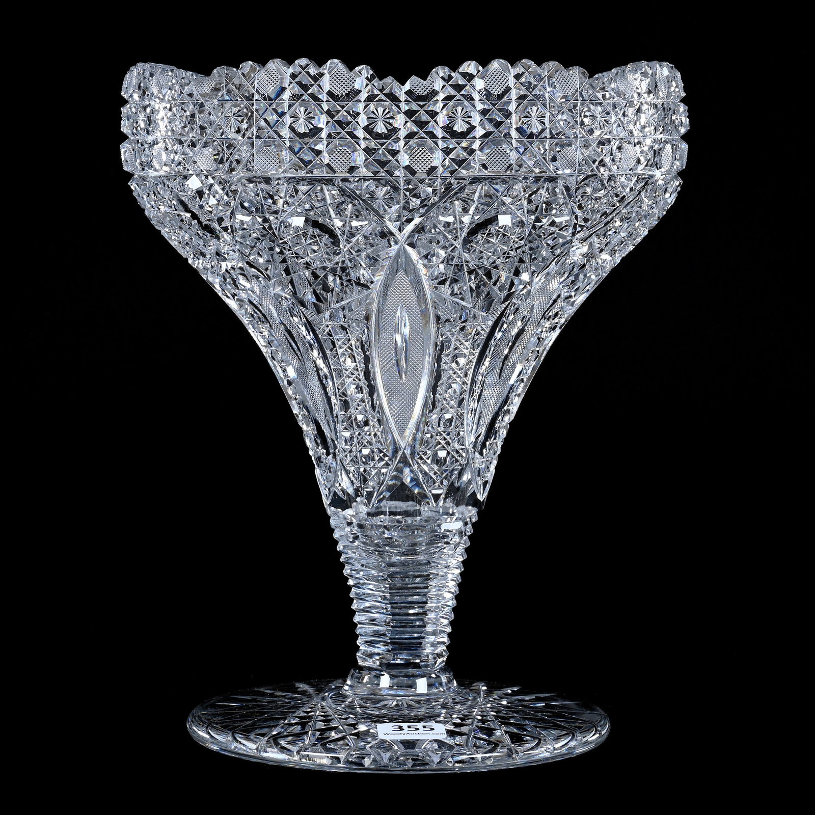 Tazza, American Brilliant Cut Glass, Propeller Pattern As Sold By Marshall Field: Tazza, American Brilliant Cut Glass, Propeller Pattern As Sold By Marshall Field, 9" x 7.5", Hobstar Foot, Sherri Schott Collection, Kansas. UPDATED 10-15-25: Corrected Spelling In Title & Description