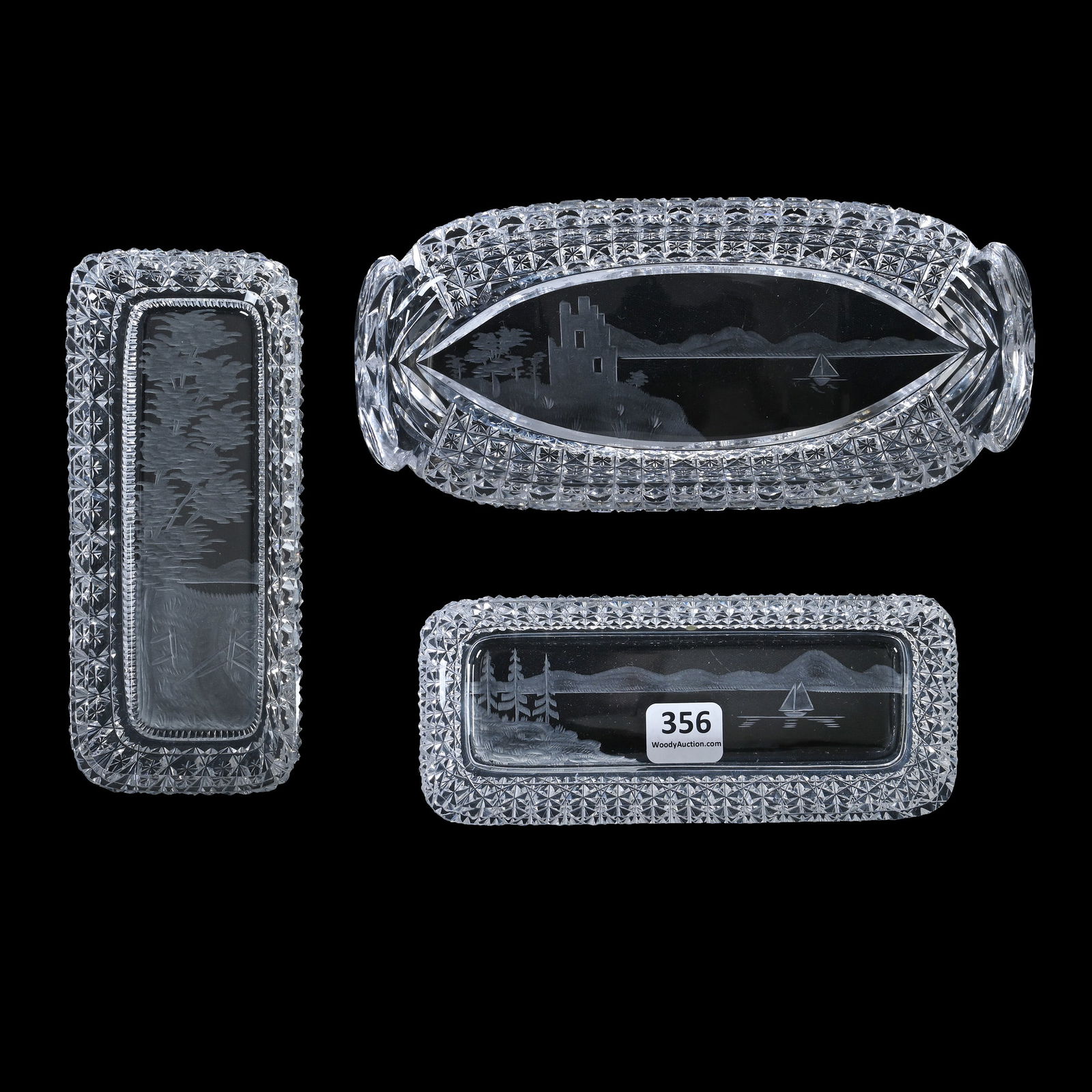 (3) Relish Trays, American Brilliant Cut Glass, Kohinoor Borders With Engraved Scenic Panels (1 of 2)