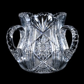 Three Handled Loving Cup, American Brilliant Cut Glass, Hobstar, Crosshatch, Prism, And Fan Motif