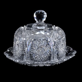 Covered Cheese Dish, American Brilliant Cut Glass, Six Point Star Design With Hobstar, Cane, And