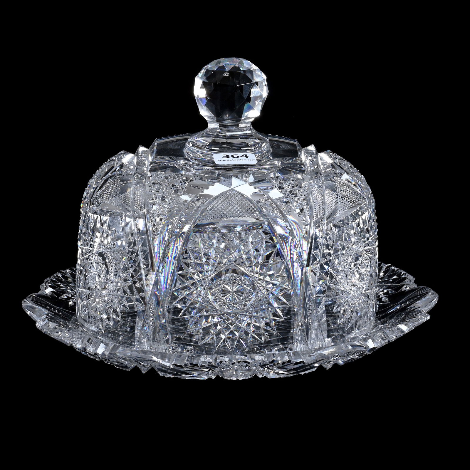 Covered Cheese Dish, American Brilliant Cut Glass, Six Point Star Design With Hobstar, Cane, And (1 of 3)