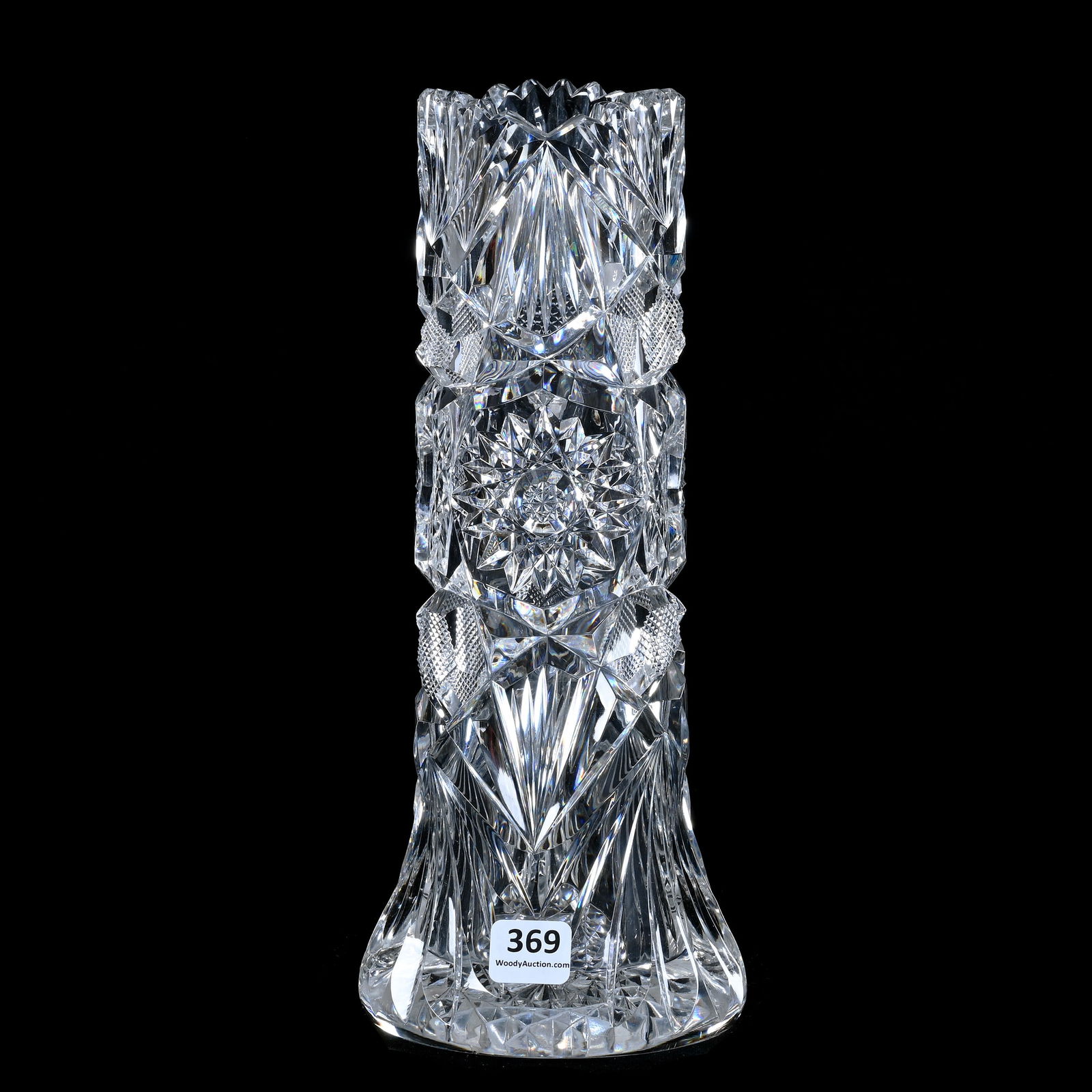 Vase, American Brilliant Cut Glass, Deeply Cut Hobstar, Crosshatch, And Fan Motif: Vase, American Brilliant Cut Glass, Deeply Cut Hobstar, Crosshatch, And Fan Motif, 10.5" x 4.25", Hobstar Base, Sherri Schott Collection, Kansas.