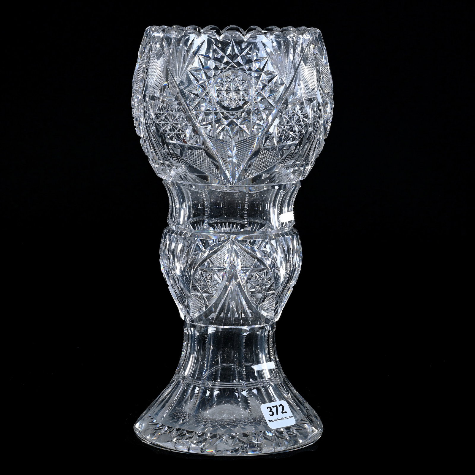 Vase, American Brilliant Cut Glass, Hobstar, Vesica, Crosshatch, Miter, And Fan Motif: Vase, American Brilliant Cut Glass, Hobstar, Vesica, Crosshatch, Miter, And Fan Motif, 10.25" x 4.75", Hobstar Base, Unusual Form, Sherri Schott Collection, Kansas.