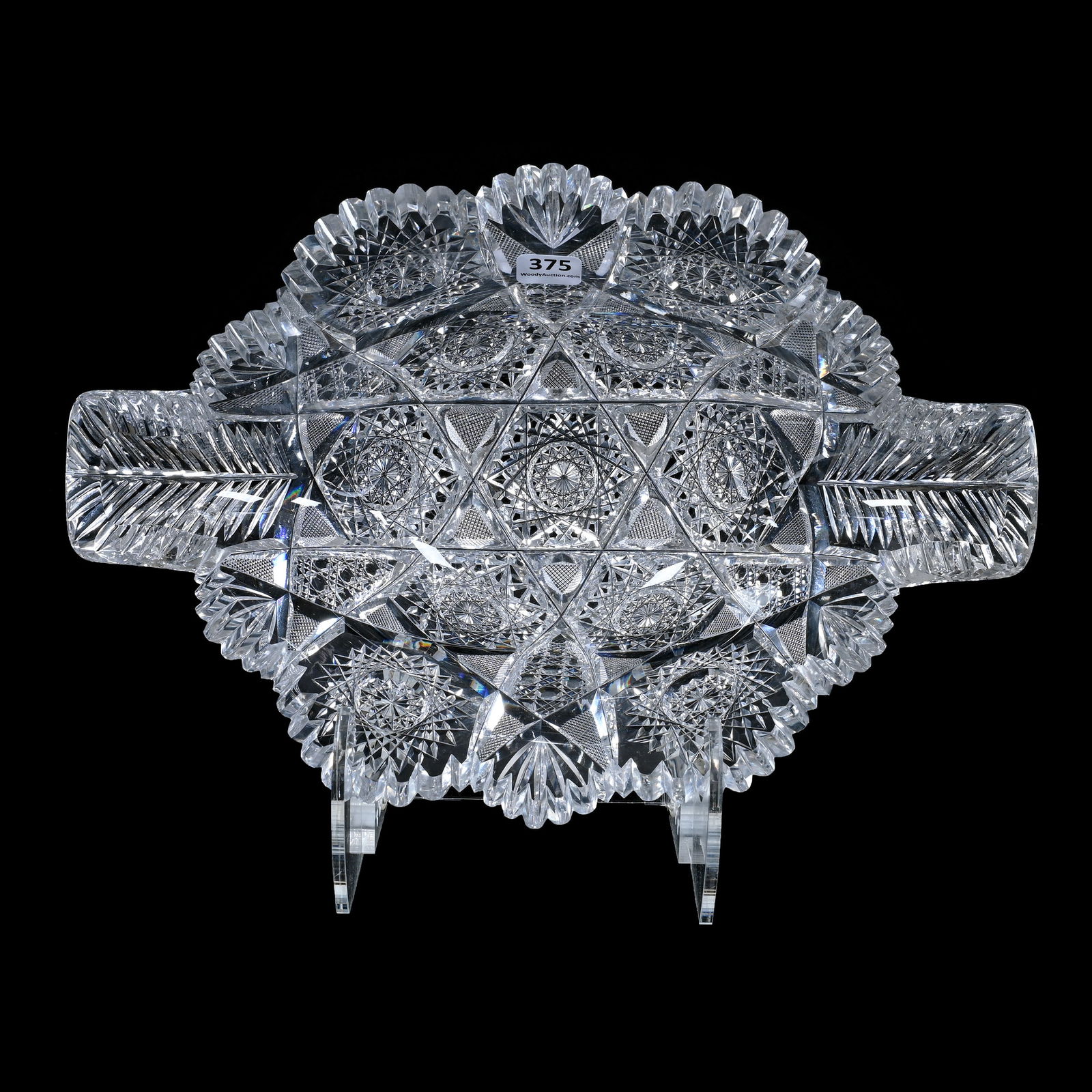 Napoleon Hat Bowl, American Brilliant Cut Glass, Hobstar, Cane, Crosshatch, Fan, And Feather Motif: Napoleon Hat Bowl, American Brilliant Cut Glass, Hobstar, Cane, Crosshatch, Fan, And Feather Motif, 4.5" x 13.5" x 9", Extra Thick Blank, Total Weight 7 Pounds, Sherri Schott Collection, Kansas.