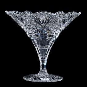 Tazza, American Brilliant Cut Glass, Well Cut Cane, Prism, And Fan Motif