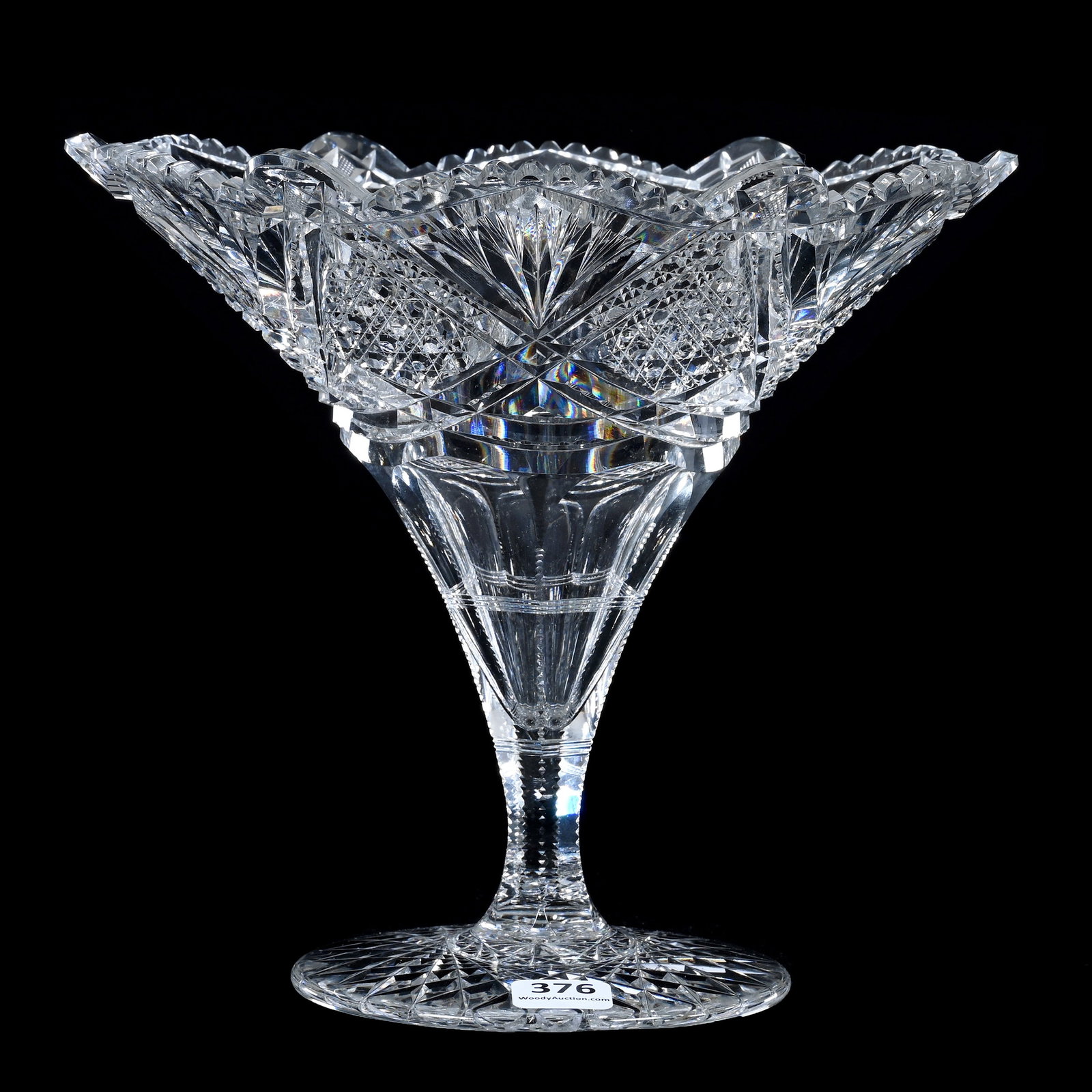 Tazza, American Brilliant Cut Glass, Well Cut Cane, Prism, And Fan Motif: Tazza, American Brilliant Cut Glass, Well Cut Cane, Prism, And Fan Motif, 7.75" x 8.5", Hobstar Foot, Clear Blank, Sherri Schott Collection, Kansas.