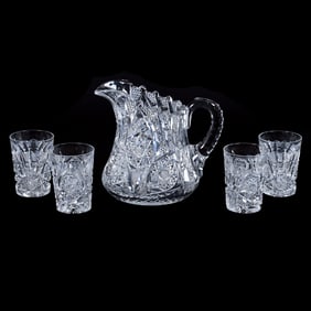 Water Set, American Brilliant Cut Glass, Signed Libbey Glenda Pattern