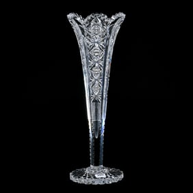Trumpet Vase, American Brilliant Cut Glass, Signed Hawkes Teutonic Pattern Also Known As Easter