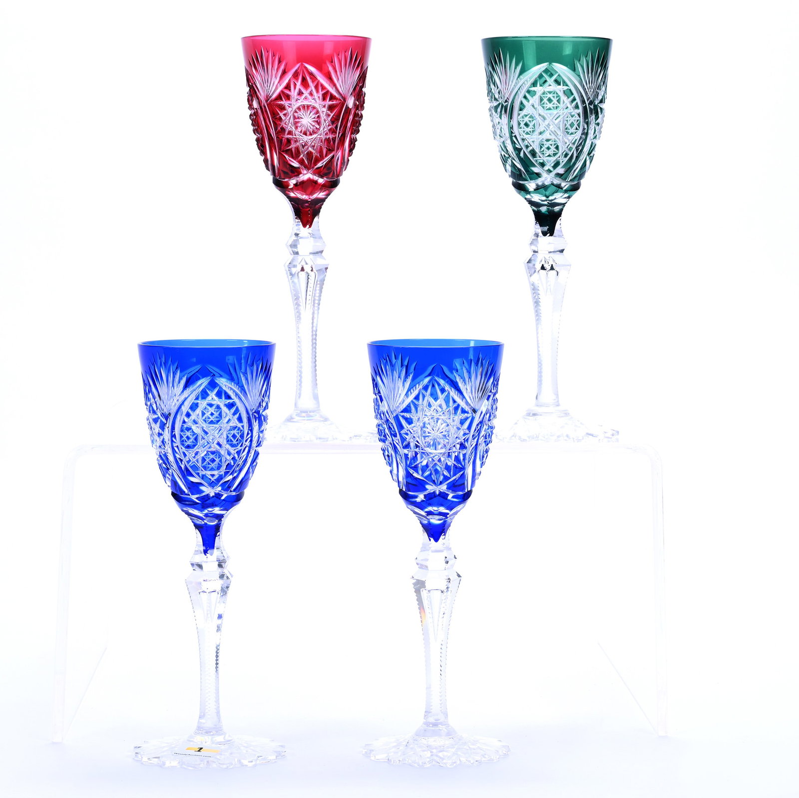 Four Wine Stems, Brilliant Period Cut Glass, One Pair Blue Cut To Clear, One Cranberry, One Green: Four Wine Stems, Brilliant Period Cut Glass, One Pair Blue Cut To Clear, One Cranberry, One Green, 8.5" x 3", Hobstar, Vesica, Cane, Miter, And Fan Motif, Scalloped Hobstar Foot, Attributed To Val St.
