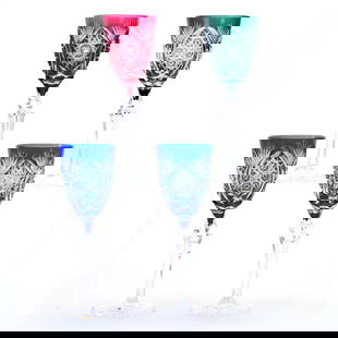 Four Wine Stems, Brilliant Period Cut Glass, One Pair Blue Cut To Clear, One Cranberry, One Green: Four Wine Stems, Brilliant Period Cut Glass, One Pair Blue Cut To Clear, One Cranberry, One Green, 8.5" x 3", Hobstar, Vesica, Cane, Miter, And Fan Motif, Scalloped Hobstar Foot, Attributed To Val