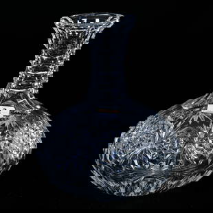 Water Carafe, American Brilliant Cut Glass, Signed Hawkes Florence Pattern: Water Carafe, American Brilliant Cut Glass, Signed Hawkes Florence Pattern, 7.5" x 6", Honeycomb Neck, Ray Cut Base, Rim Nicks, Sherri Schott Collection, Kansas.