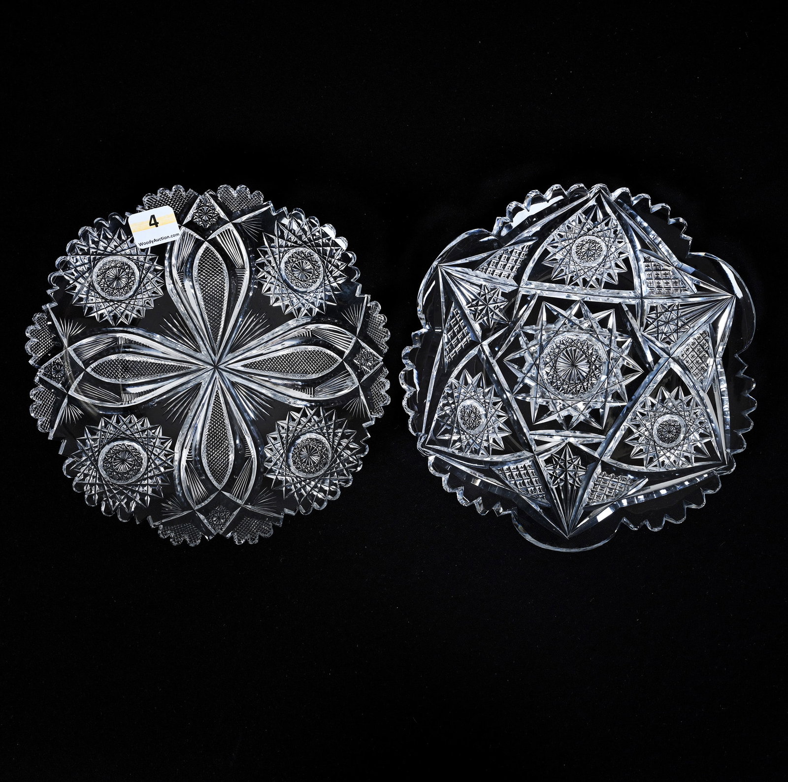 (2) Plates, American Brilliant Cut Glass: (2) Plates, American Brilliant Cut Glass, 7", (1) Three Sections Of Hobstar, Cross Cut Diamond, And Miter Motif, (1) Four Sections Of Hobstar, Vesica, Cross Hatch, And Fan Motif, Rim Repair, Sherri Sc