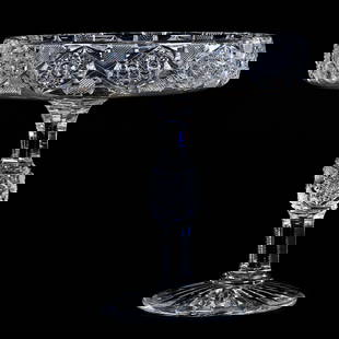 Pedestal Pastry Stand, American Brilliant Cut Glass: Pedestal Pastry Stand, American Brilliant Cut Glass, 8" x 7.75", Hobstar, Cane, And Crosshatch Motif, Pattern Cut Stem, Raycut Foot, Sherri Schott Collection, Kansas.