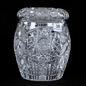 Barrel Shaped Humidor, American Brilliant Cut Glass, Signed Maple City Havana Pattern