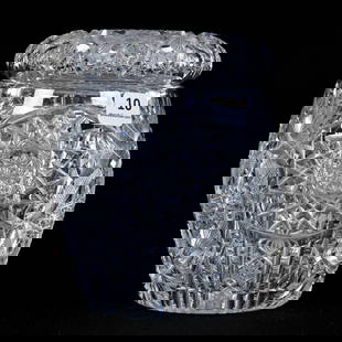 Barrel Shaped Humidor, American Brilliant Cut Glass, Signed Maple City Havana Pattern: Barrel Shaped Humidor, American Brilliant Cut Glass, Signed Maple City Havana Pattern, 6" x 4.75", Hobstar, Prism, Crosshatch, Star, And Fan Motif, Expanding Star Lid, Raycut Base, Sherri Schott