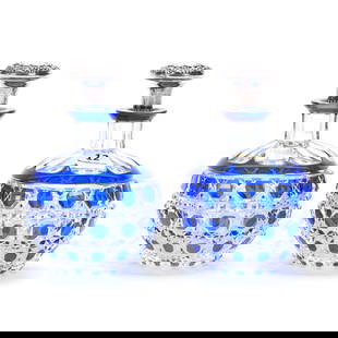 Pair Cologne Bottles, Brilliant Period Cut Glass, Blue Cut To Clear: Pair Cologne Bottles, Brilliant Period Cut Glass, Blue Cut To Clear, 5.75" x 4", Cane Pattern, Possible Replacement Stoppers Marked Wilcox Sterling, Sherri Schott Collection, Kansas.