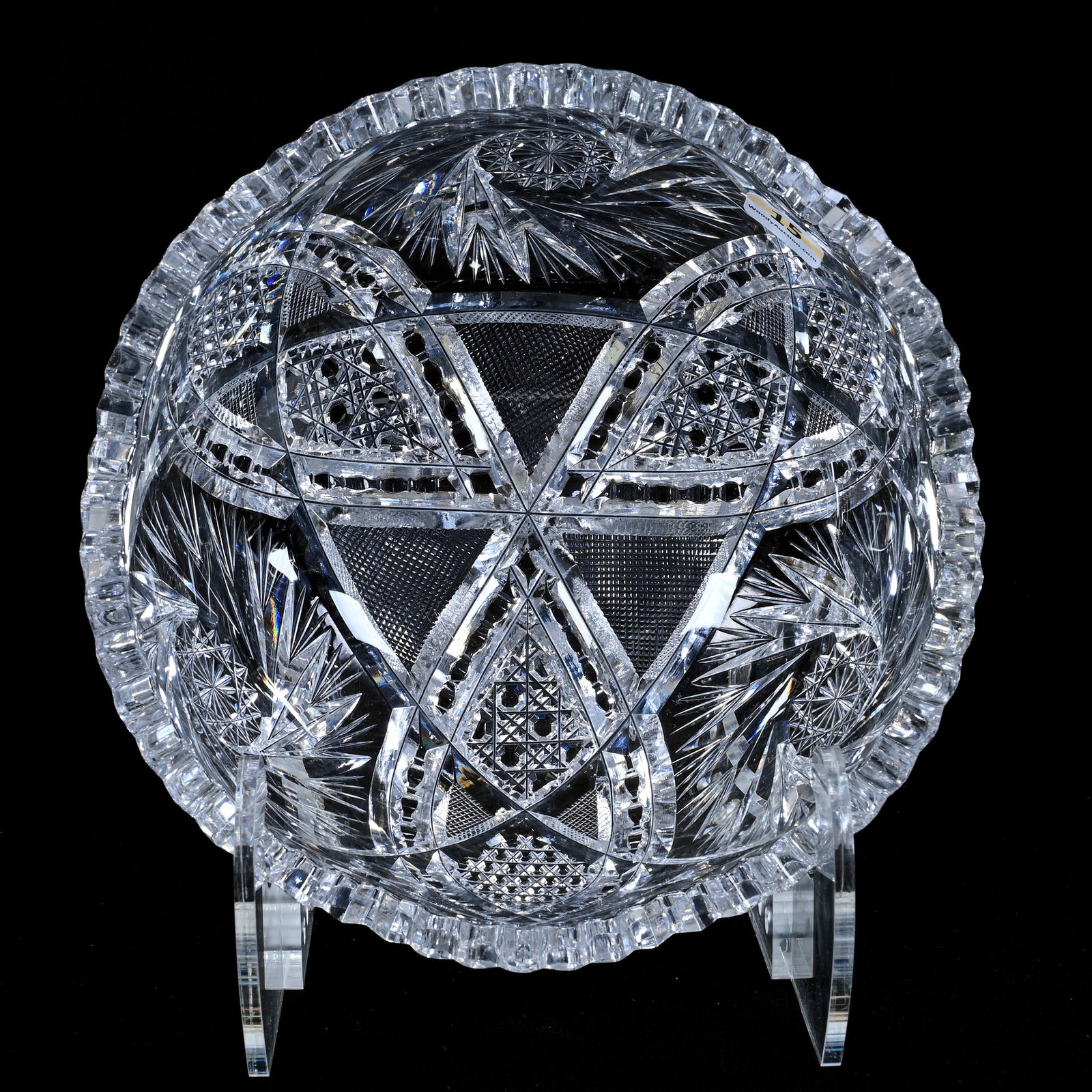 Bowl, American Brilliant Cut Glass: Bowl, American Brilliant Cut Glass, 4" x 8", Three Sections Of Pinwheel, Vesica, Cane, Nailhead Diamond, Crosshatch, And Prism Motif, Sherri Schott Collection, Kansas.