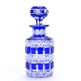 Cologne Bottle, Brilliant Period Cut Glass, Cobalt Blue Cut To Clear, Stars And Panels Pattern By