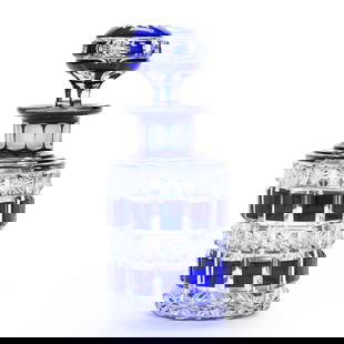 Cologne Bottle, Brilliant Period Cut Glass, Cobalt Blue Cut To Clear, Stars And Panels Pattern By: Cologne Bottle, Brilliant Period Cut Glass, Cobalt Blue Cut To Clear, Stars And Panels Pattern By Val St. Lambert, 6" x 2.5", Stopper And Neck Polish, Sherri Schott Collection, Kansas.