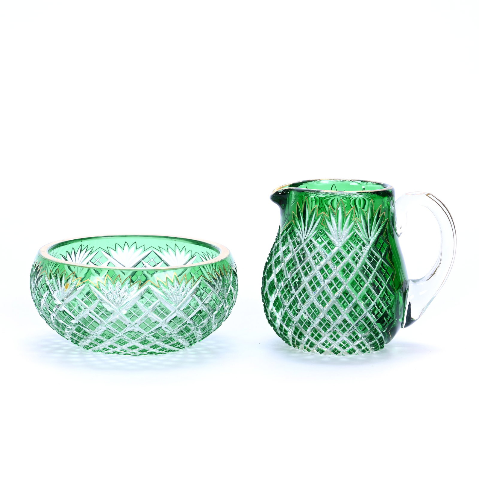 Creamer And Sugar, Brilliant Period Cut Glass, Green Cut To Clear: Creamer And Sugar, Brilliant Period Cut Glass, Green Cut To Clear, 2.75" x 3.5", Crosscut Diamond And Fan Motif, Gold Stencil Highlights, Sherri Schott Collection, Kansas.
