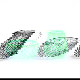 Creamer And Sugar, Brilliant Period Cut Glass, Green Cut To Clear: Creamer And Sugar, Brilliant Period Cut Glass, Green Cut To Clear, 2.75" x 3.5", Crosscut Diamond And Fan Motif, Gold Stencil Highlights, Sherri Schott Collection, Kansas.