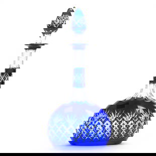 Flask Shaped Decanter, Brilliant Period Cut Glass, Cobalt Blue Cut To Clear: Flask Shaped Decanter, Brilliant Period Cut Glass, Cobalt Blue Cut To Clear, 13" x 6" x 3", Crosscut Diamond And Fan Motif, Pattern Cut Stopper, Attributed To Val St. Lambert, Sherri Schott