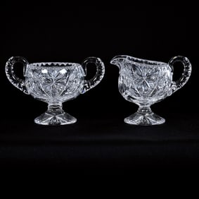 Pedestal Creamer And Sugar, American Brilliant Cut Glass, Oasis Type Pattern