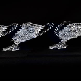 Pedestal Creamer And Sugar, American Brilliant Cut Glass, Oasis Type Pattern: Pedestal Creamer And Sugar, American Brilliant Cut Glass, Oasis Type Pattern, 4.75" x 7", Double Notched Handles, Raycut Petticoat Foot, Sherri Schott Collection, Kansas.