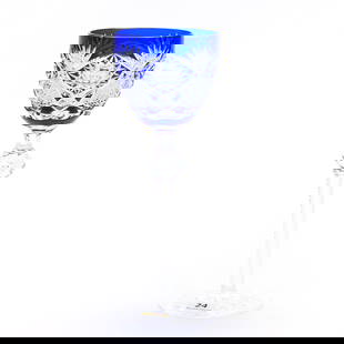 Wine Stem, Brilliant Period Cut Glass, Cobalt Blue Cut To Clear: Wine Stem, Brilliant Period Cut Glass, Cobalt Blue Cut To Clear, 8.75" x 3.25", Hobstar, Crosshatch, And Fan Motif, Faceted Cut Knob Stem, Hobstar Foot, Attributed To Val St. Lambert, Sherri Schott