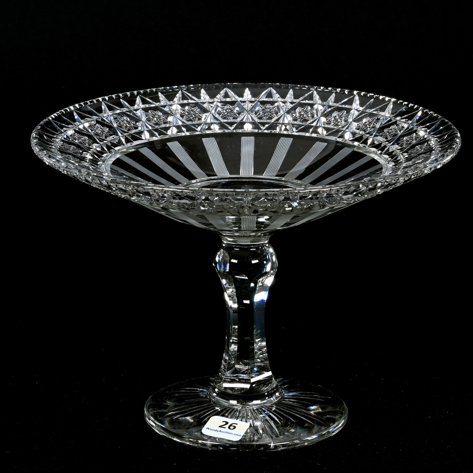 Tazza, American Brilliant Cut Glass, Signed Hawkes: Tazza, American Brilliant Cut Glass, Signed Hawkes, 6.25" x 9", Millicent Stripe With Hobstar Chain Border, Raycut Foot, Gray Cast Blank, Sherri Schott Collection, Kansas. UPDATED 10-15-25: Corrected 
