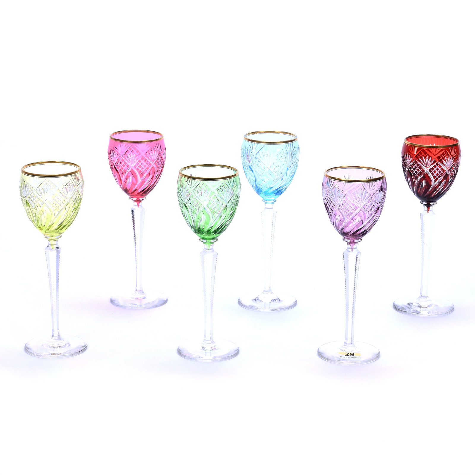 (6) Wine Stems, Brilliant Period Cut Glass, Color Cut To Clear: (6) Wine Stems, Brilliant Period Cut Glass, Color Cut To Clear, 7.5" x 2.5", Diamond, Swirl, And Fan Motif, Gold Stencil Rim, European Design, Colors Include Amethyst, Green, Ruby, French Blue, Citrin