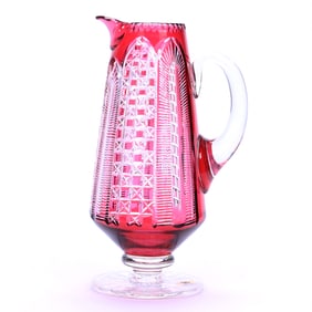Pedestal Pitcher, Brilliant Period Cut Glass, Red Cut To Clear