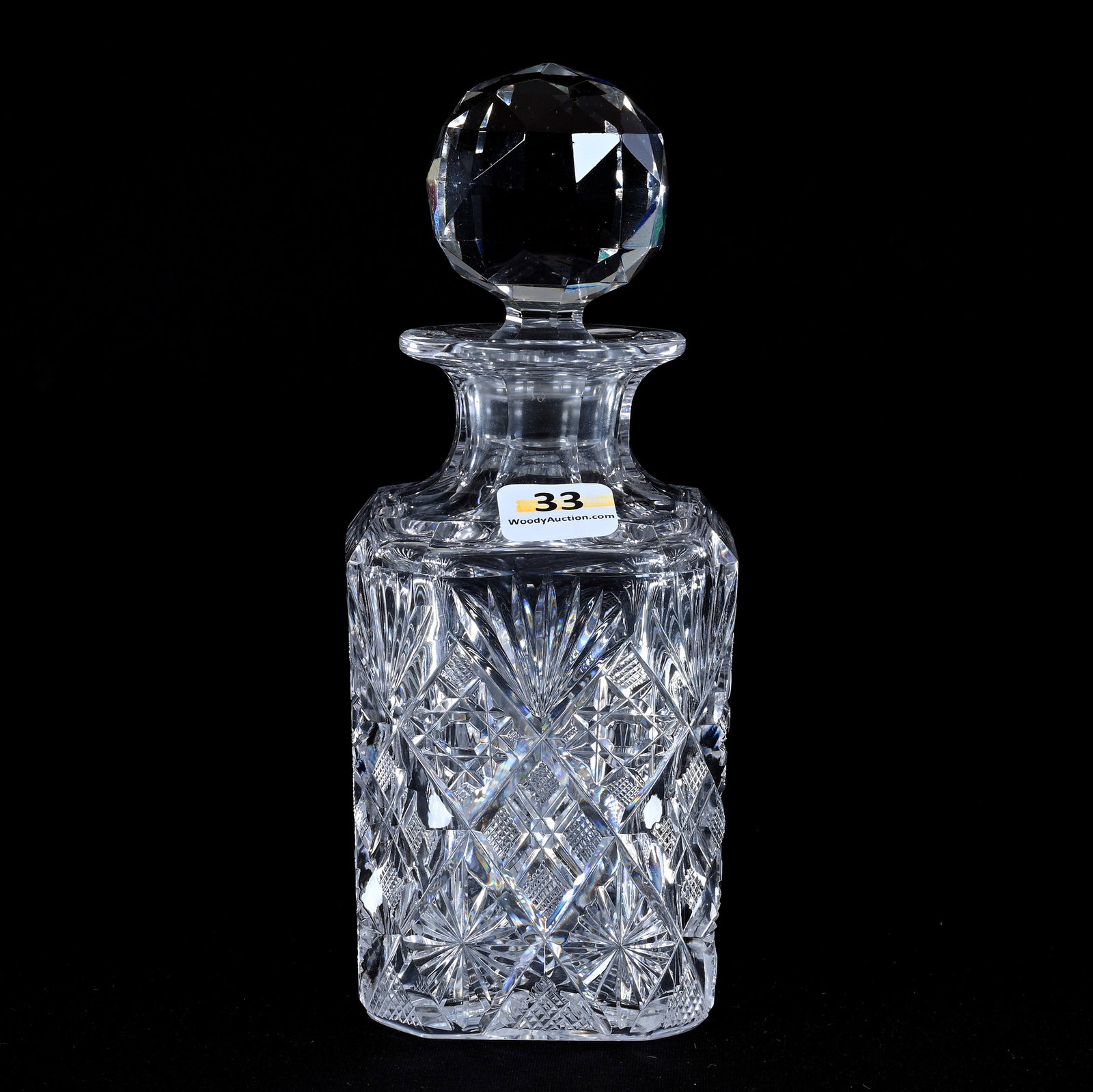 Square Cologne Bottle, American Brilliant Cut Glass: Square Cologne Bottle, American Brilliant Cut Glass, 7.5" x 3", Hobstar, Crosshatch, Star, Miter, And Fan Motif, Hobstar Base, Sherri Schott Collection, Kansas.