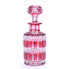 Cologne Bottle, Brilliant Period Cut Glass, Red Cut To Clear, Panels And Stars Pattern By Val St.