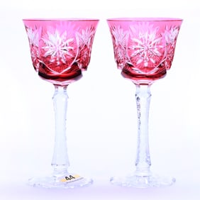 Pair Wine Stems, Brilliant Period Cut Glass, Cranberry Cut To Clear
