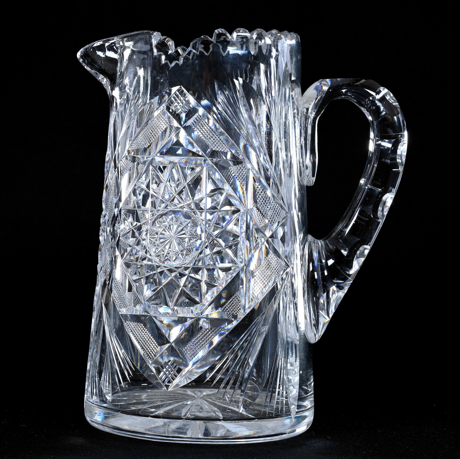 Pitcher, American Brilliant Cut Glass,: Pitcher, American Brilliant Cut Glass, 8.5" x 7.25", Two Square Hobstars With Crosshatch Star And Fan Highlights, Double Notched Handle, Raycut Base, Sherri Schott Collection, Kansas.