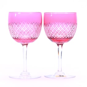 Pair Wine Stems, Brilliant Period Cut Glass, Cranberry Cut To Clear