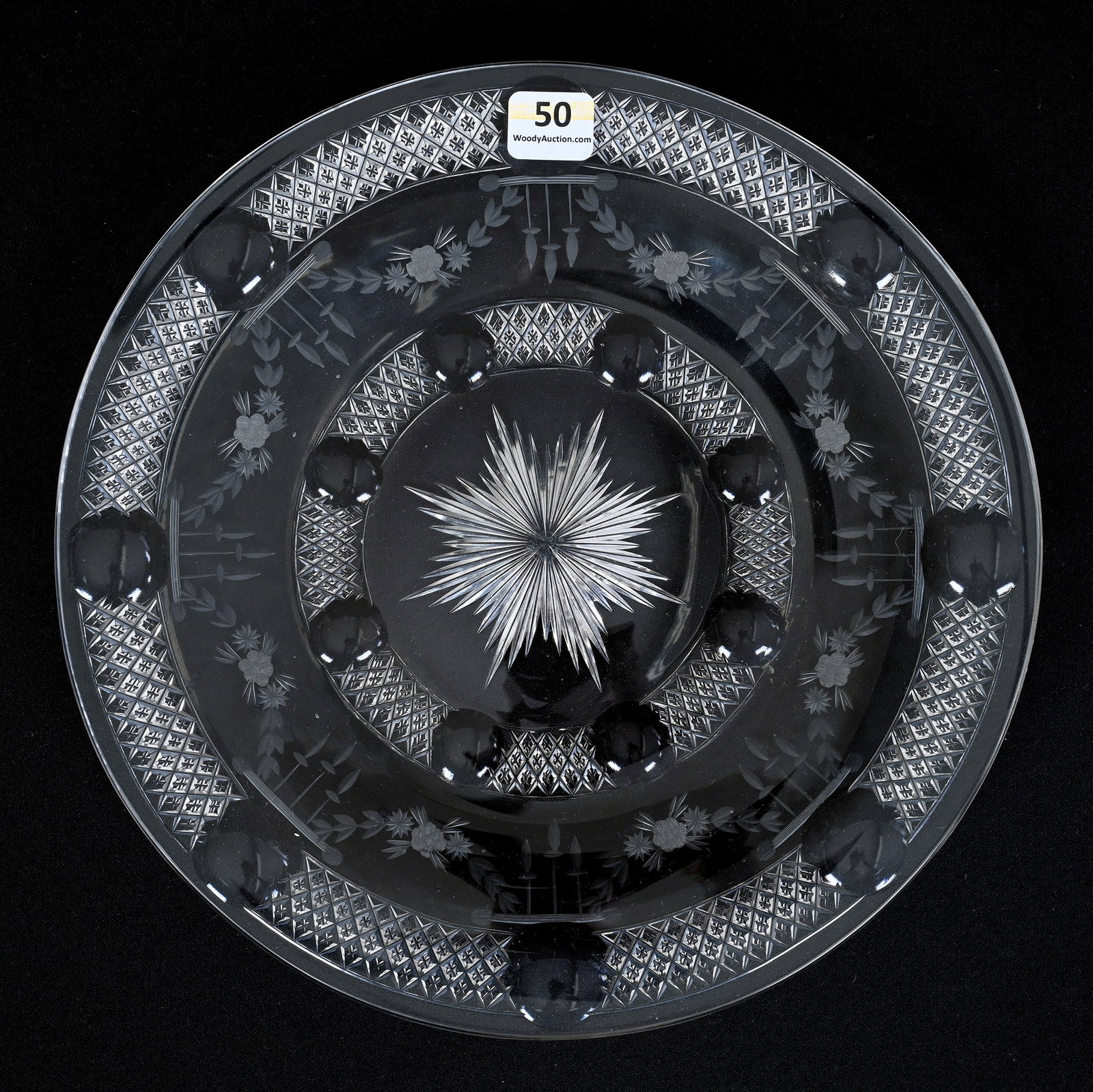 Plate, American Brilliant Cut Glass, Signed Hawkes: Plate, American Brilliant Cut Glass, Signed Hawkes, 10", Crosscut Diamond And Bullseye With Engraved Garland Highlights, Sherri Schott Collection, Kansas.