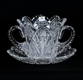 Two Handled Ice Tub With Underplate, American Brilliant Cut Glass, Signed Hawkes Holland Pattern