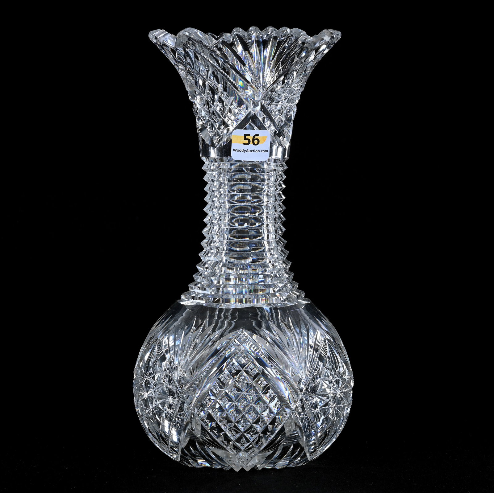 Vase, American Brilliant Cut Glass, Hobstar, Crosscut Diamond, Prism, And Fan Motif: Vase, American Brilliant Cut Glass, Hobstar, Crosscut Diamond, Prism, And Fan Motif, 10" x 5", Step Cut Neck, Pattern Cut Rim, Raycut Base, Georgia Private Collection.